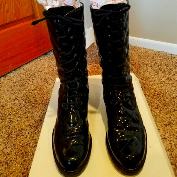 Nouchka Black Patent leather quilted Combat Boots. - Picture 2 of 10